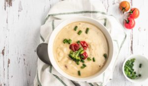 Cheddar Broccoli Soup with Roasted Tomatoes
