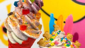 a cone and bowl of ice cream in front of a vibrant colored background