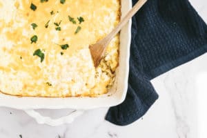 Macaroni and Cheese in a white casserole dish