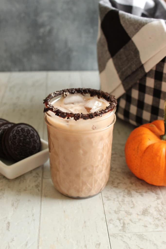 drink on ice in a mason jar with a chocolate rim