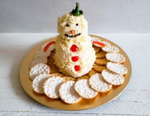 cheeseballs made into a snowman