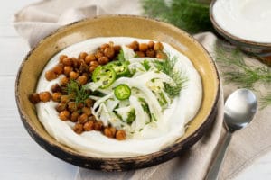 Crispy Chickpea and Spiced Yogurt Bowl is photographed