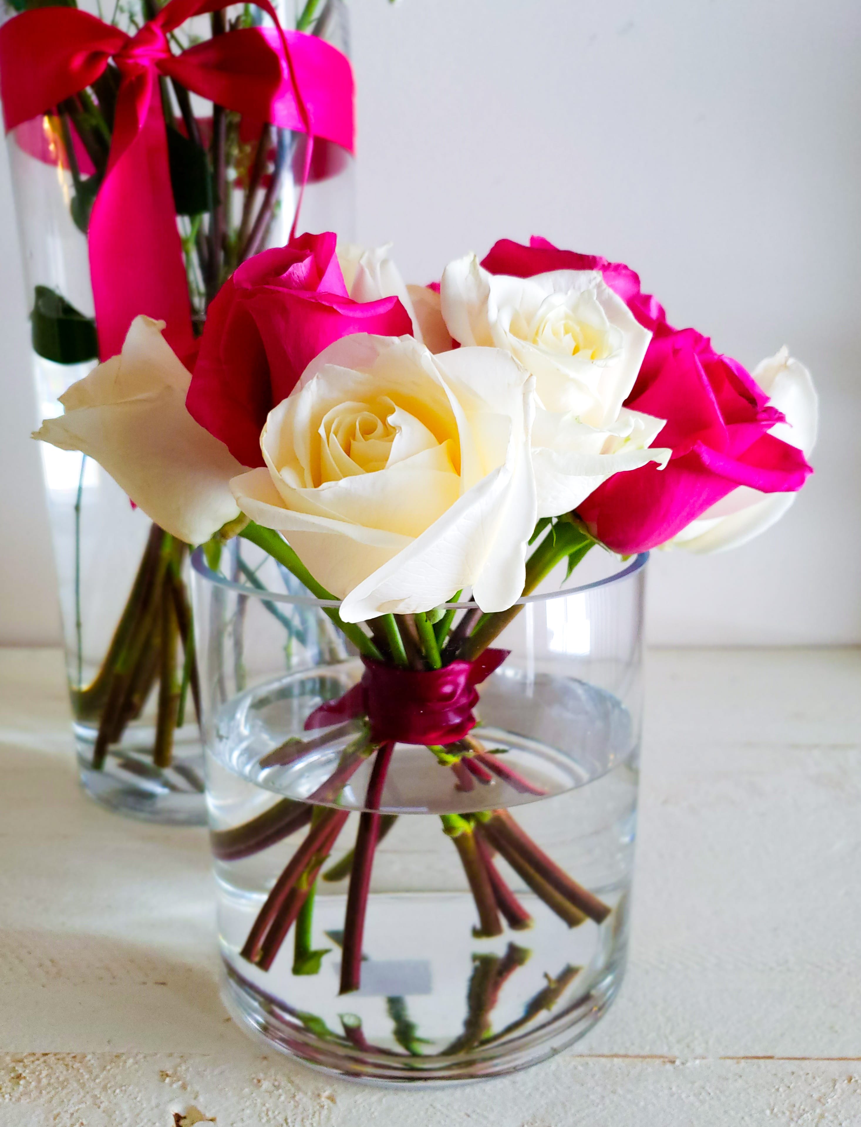 short cut roses that are white and pink