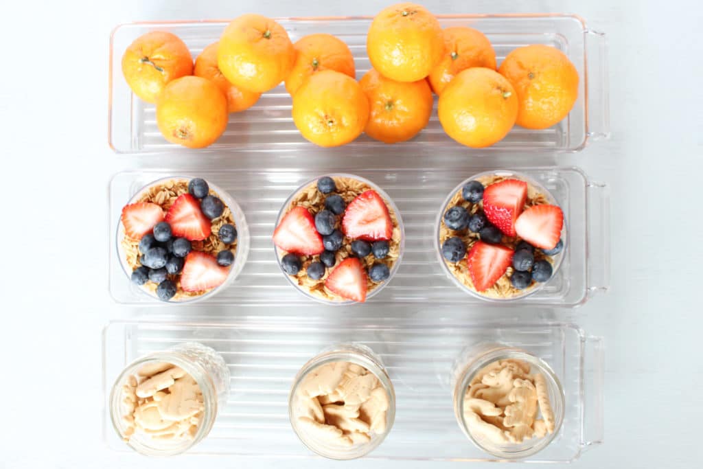 Snack Trays Horizontal with oranges, parfaits and animal crackers