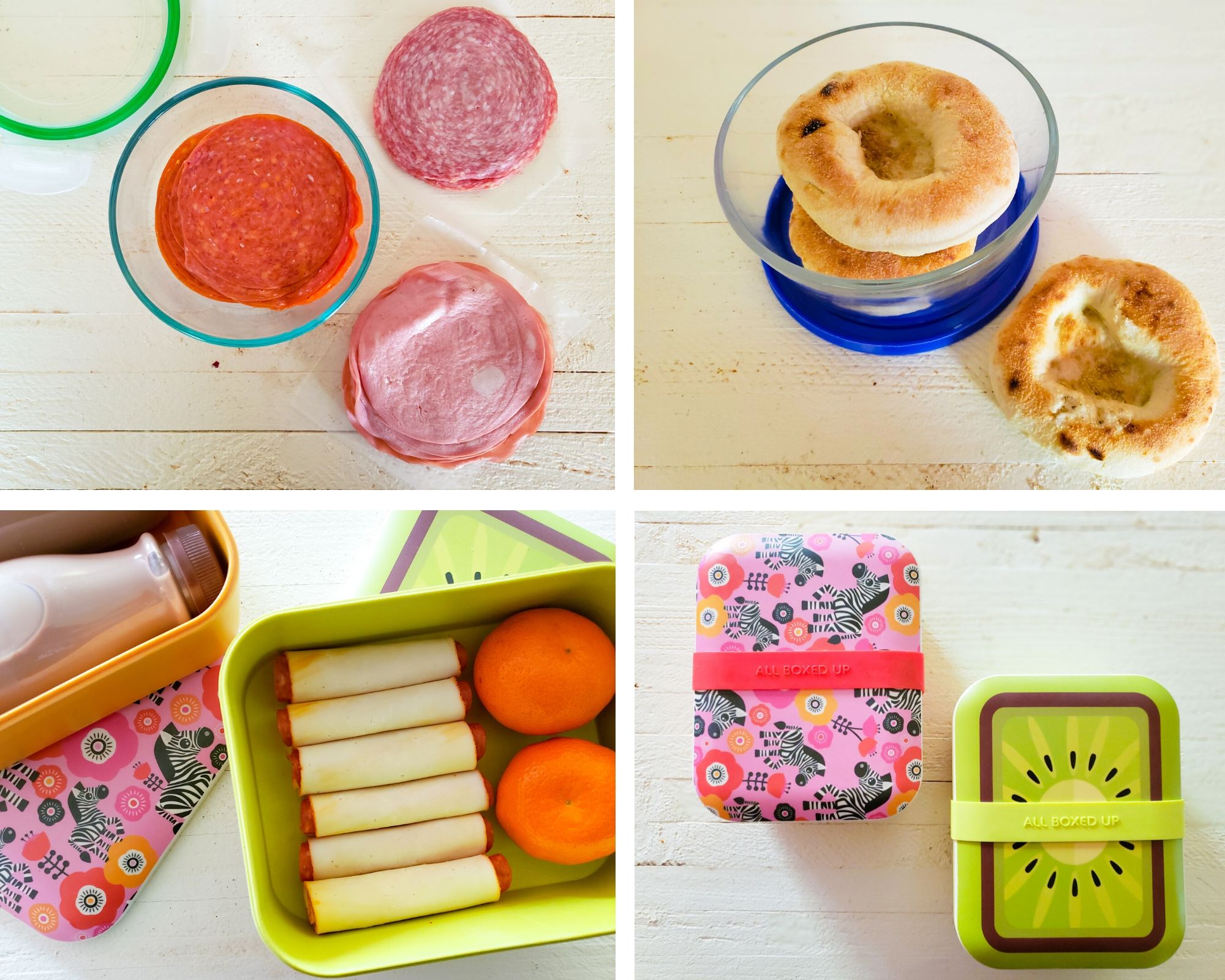 various kid-friendly snacks in to-go style containers