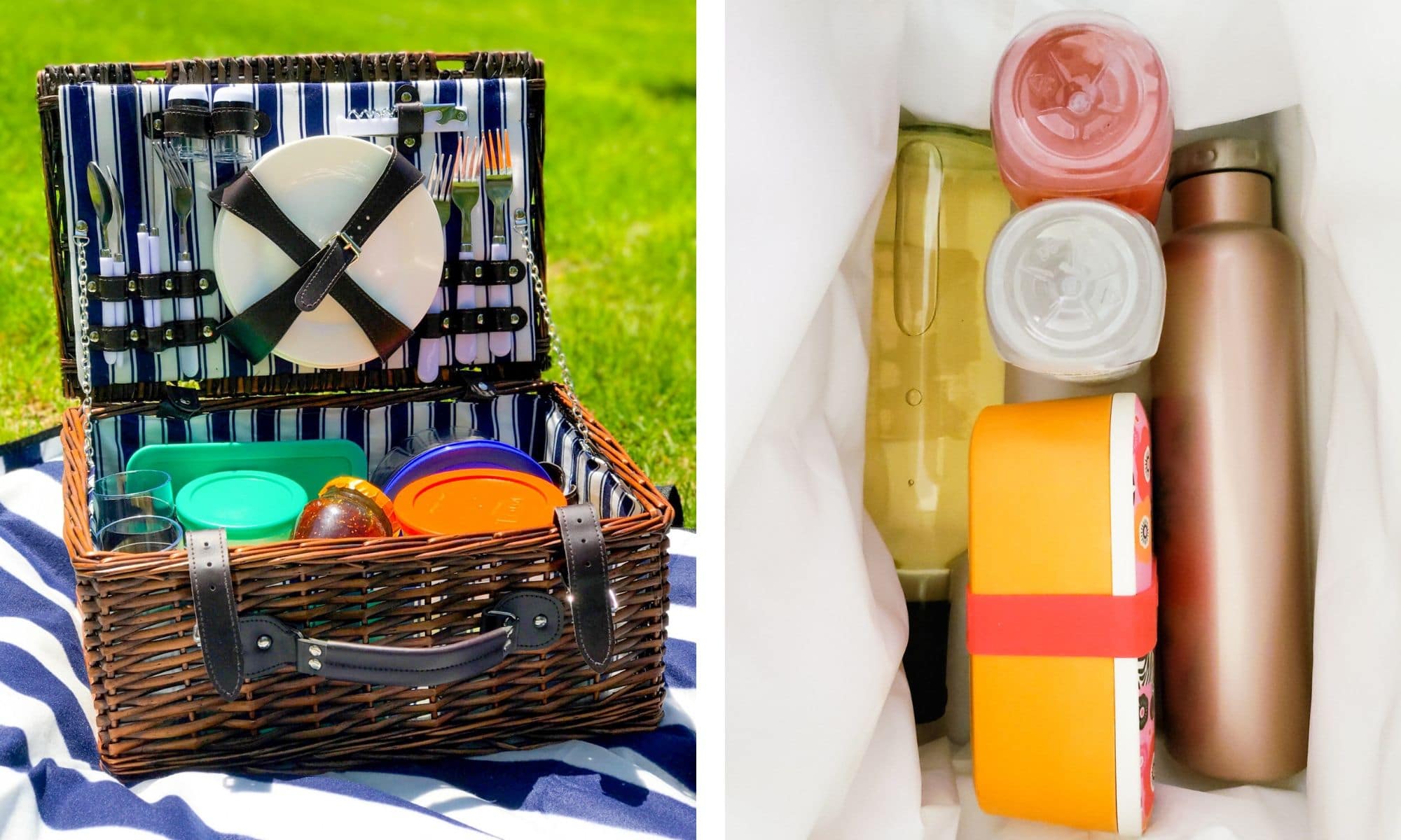 on the left is a packed picnic basket on the right is a basket of drinks