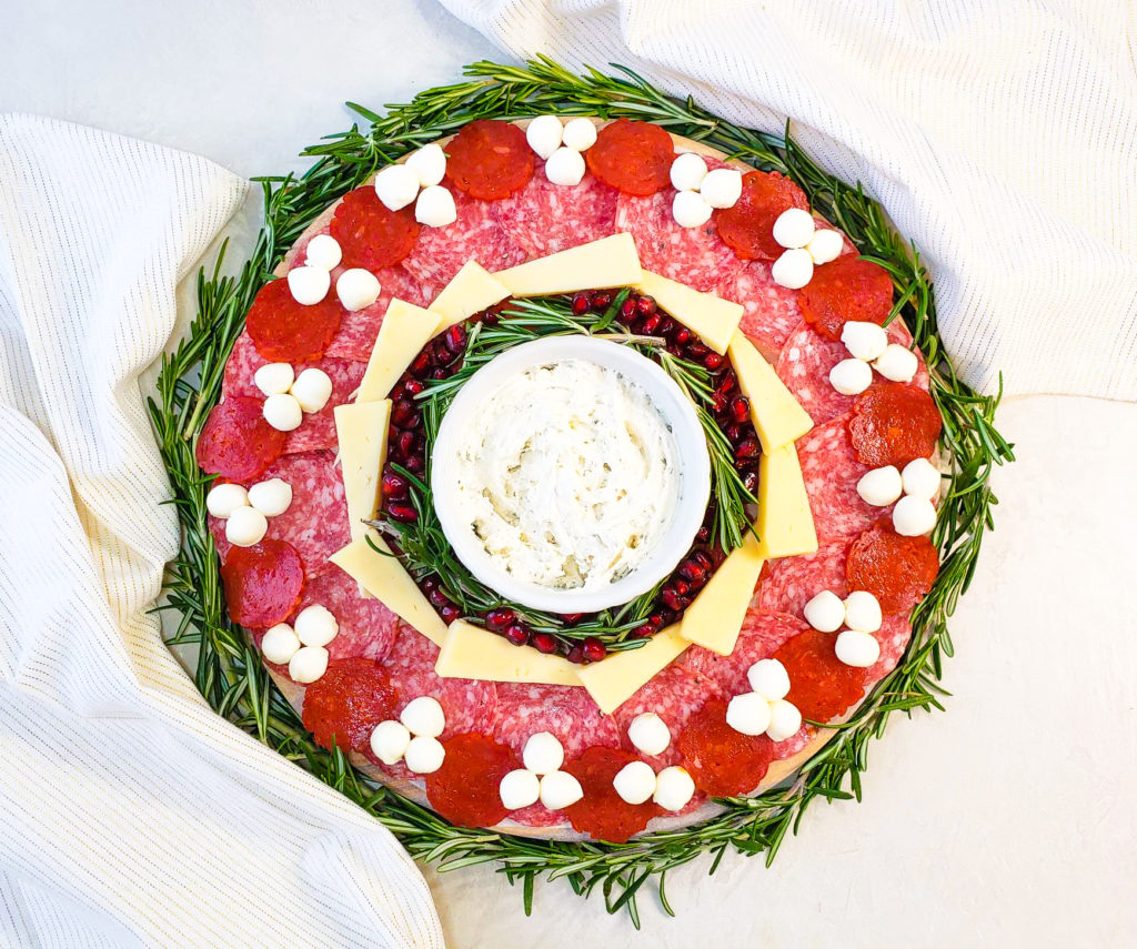 holiday charcuterie plate in the shape of a wreath