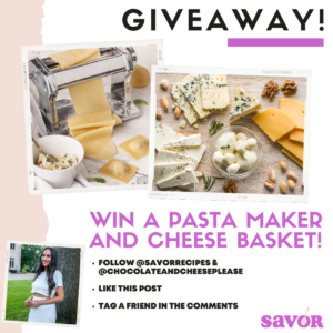 pasta series with chocolate and cheese please graphic with info on the giveaway that happened in october 2021
