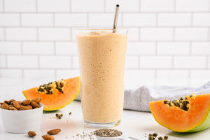 Refreshing papaya shake with added protein, almonds and seeds.